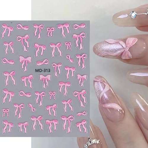 5D Bows Nail Art Stickers & Decals - Pink & White Embossed Bowknot Manicure