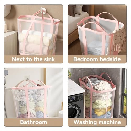 Pink Collapsible Laundry Caddy 11 Gallon Mesh Tote Foldable Clothes Storage Basket