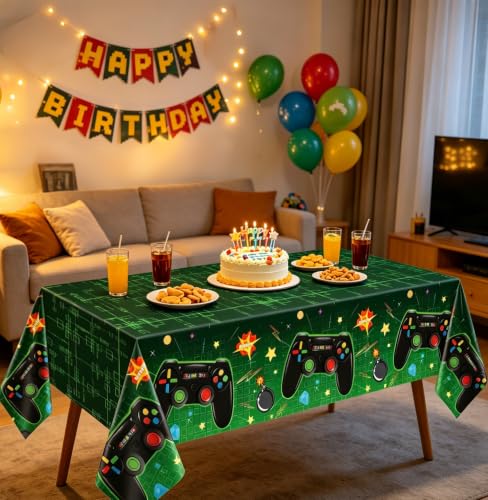 4-Pack Green Video Game Tablecloths for Kids' Parties, 51x86"