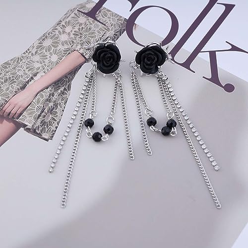 Black Rose Flower Long Rhinestone Chain Drop Earrings Ear Cuff