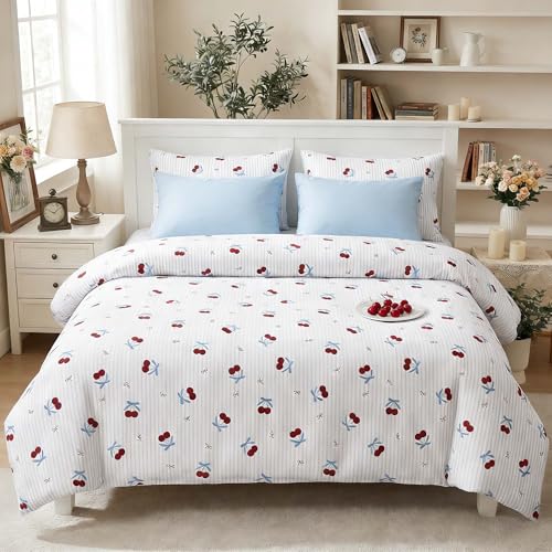 Nayoroom Queen Duvet Cover Set - Blue Striped Cherry Bow Bedding