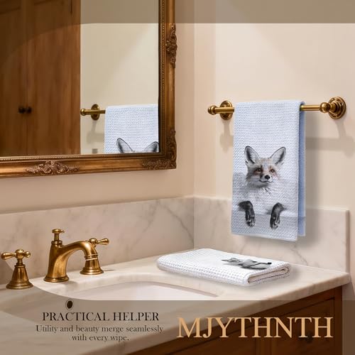 Sketch Fox Hand Towels Set of 2 - Funny Newspaper Fox Bathroom Decor, 16x24 Inches, Black & White Forest Animal Gift