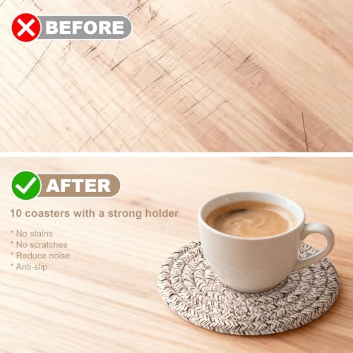 OIAHOMY 10 Pcs Brown Cotton Woven Coasters with Holder, 4.3"