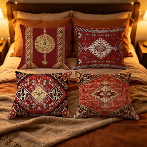 Set of 4 Red Kilim Throw Pillow Covers - 18x18 Inch Bohemian Decor