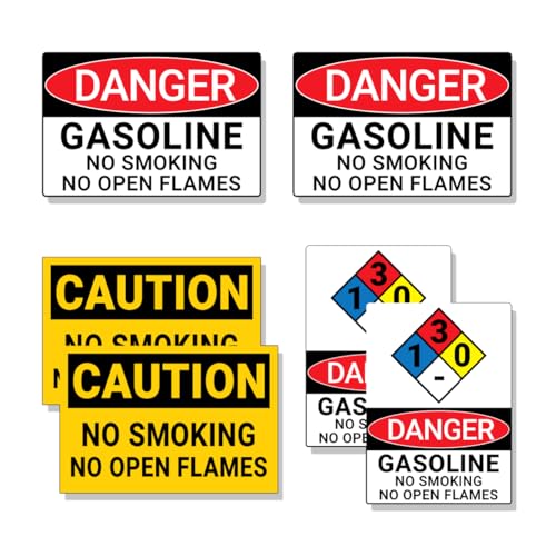 Danger Gasoline No Smoking Warning Sign Stickers - 6 Pcs Vinyl Decals for Industrial Safety