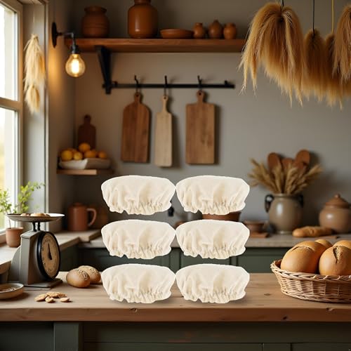 6 Beige Sourdough Starter Jar Covers - Elastic Cotton Linen Set