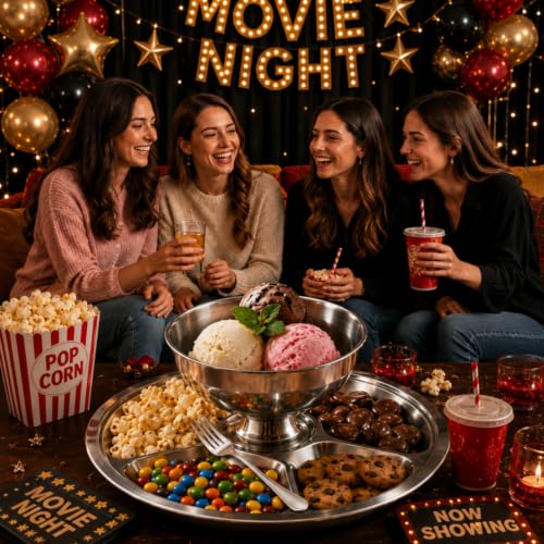 Stainless Steel Sundae Bowl & 4-Compartment Topping Tray Set for Movie Night