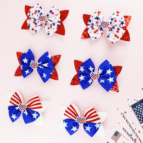 JOYRUBY 4th of July Sequin Hair Bow Clips - Red White & Blue Sparkly Cheer Barrettes for Girls