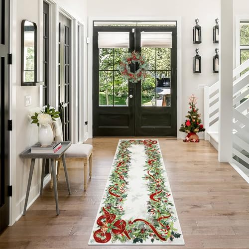 Christmas Washable Runner Rug Bell Leaves White 2x6ft - Holiday Decor