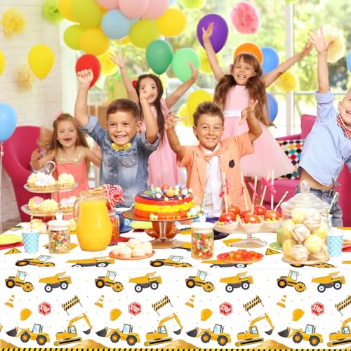 Construction Tablecloths Pack - 3 Plastic Table Covers for Birthday Party Decorations, 54 x 108 Inches