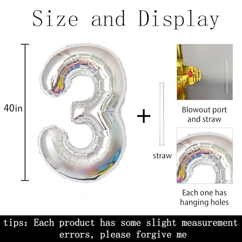 40 Inch Giant Silver Number 3 Foil Balloon for Birthday Party Decor