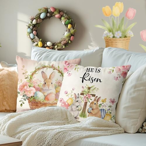 Easter Pillow Covers Set of 4 - 18x18 Inch Bunny & Egg Designs