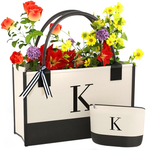 Monogrammed Canvas Tote Bag with Zipper Pockets - Perfect Gift