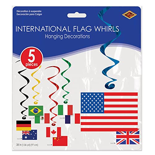 International Flag Hanging Spirals - Pack of 10 (38" Long) - Colorful Party Decor
