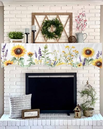 Spring Floral Fireplace Mantel Scarf, 70x17 Inch Watercolor Sunflower Runner