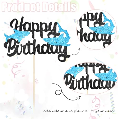 Blue Glitter Shark Happy Birthday Cake Topper for Ocean Parties
