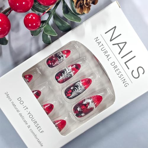 Christmas Press on Nails Medium Almond Fake Nails with Glitter Trees