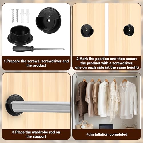 Grevosea 8Pcs Closet Rod Holders, 1-3/8 Inch Heavy Duty Brackets - Black