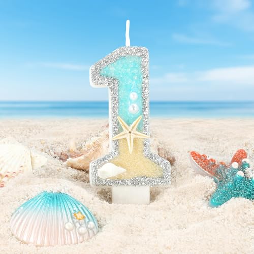 Blue Starfish Number 1 Birthday Cake Candle - Ocean Theme Decor
