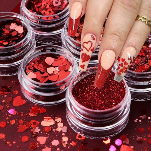 Red Holographic Heart Nail Art Glitter Sequins 6-Box Kit