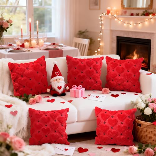 Valentine's Day Pillow Covers Set of 2, 18x18 Inch Red Heart Plush