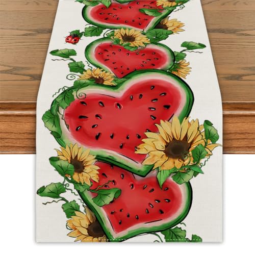 Summer Floral Table Runner Watermelon Sunflower 13x72 Linen
