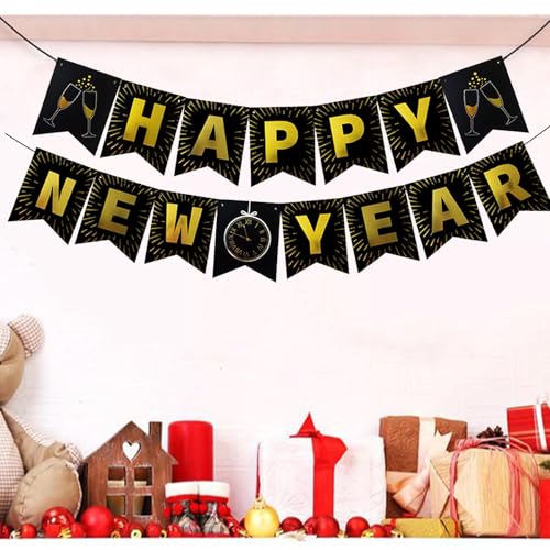 Black and Gold Happy New Year Banner 15pcs Party Decorations