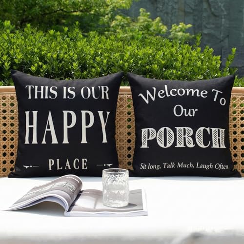 JOJOGOGO Happy Place Outdoor Pillow Covers 18x18, Waterproof Set of 2