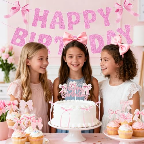20Pcs Pink Bow Birthday Party Decorations & Cake Toppers Set