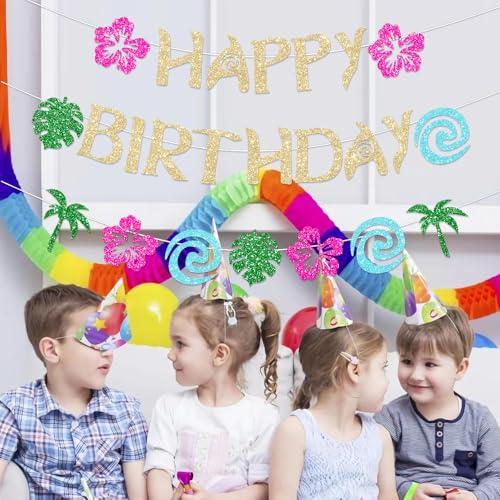Glittery Gold Moana Birthday Banner - Tropical Luau Party Decor