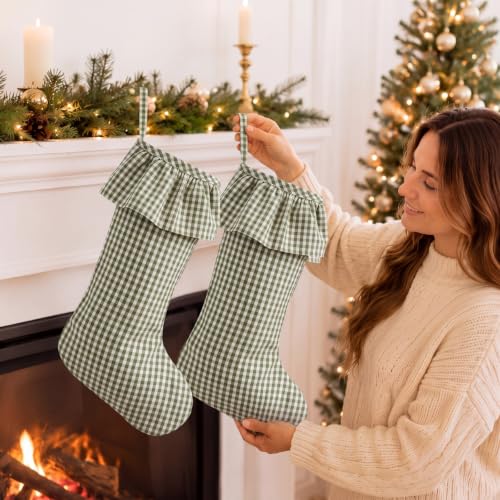 Green Gingham Christmas Stockings - 4 Pack, 18 Inches Large Ruffled Holiday Stockings
