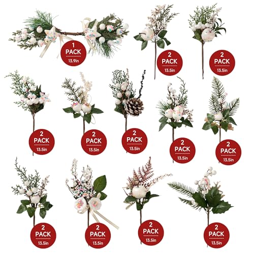 Artificial Christmas Tree Picks Set - Assorted Candy Pine Cones Berries Holly