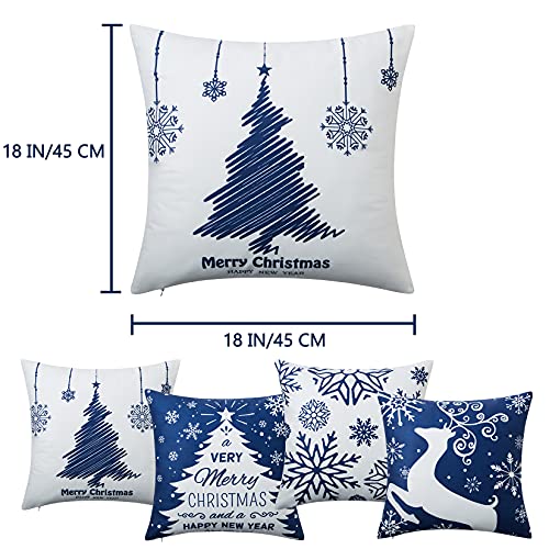 NANAN Blue 18x18 Inch Christmas Pillow Cover Set of 4 Snowflake Merry Christmas Elk Decor