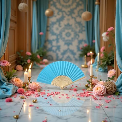 Blue Handheld Bamboo Folding Fan - Elegant Decor for Weddings & Parties