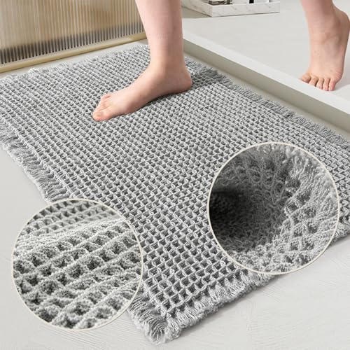 Waffle Knit Bath Mat - 16x24 Inch Non-Slip Washable Bathroom Rug