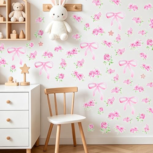90 Pink Bow & Rose Wall Decals - Floral Peel & Stick Stickers