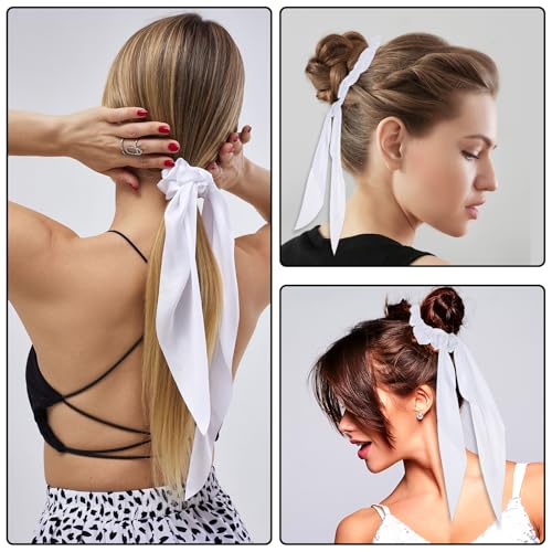 Mabor White Satin Hair Scrunchies with Bow Tails - 2 Pcs Elastic Hair Scarf