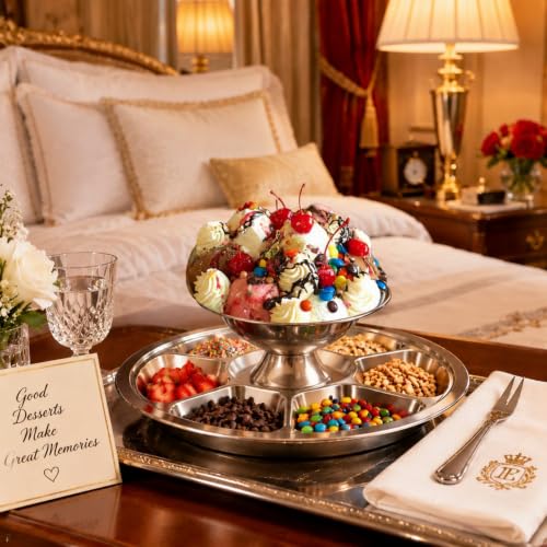 Stainless Steel Sundae Bowl & 4-Compartment Topping Tray Set for Movie Night