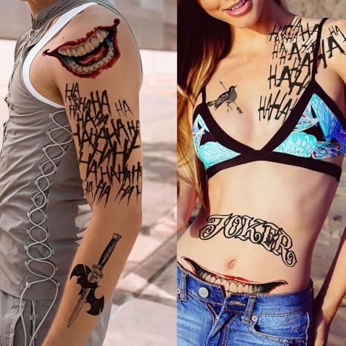 Joker Temporary Tattoos - 4 Sheets Realistic Waterproof Fake Face Tattoos for Halloween Costume Party