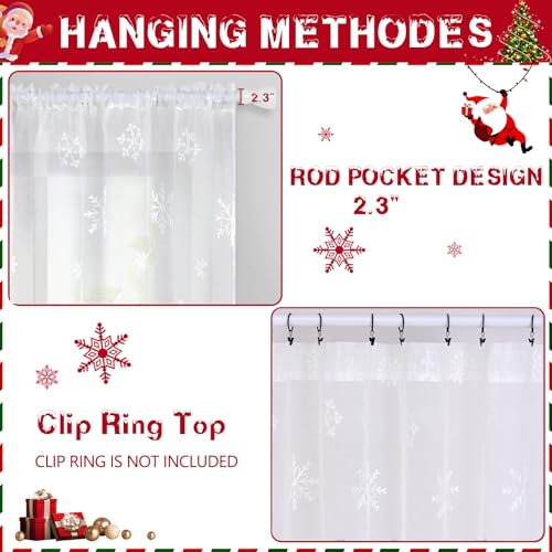 Christmas Sheer Curtains with Embroidered Snowflakes - 52x84 Inches, White, Pack of 2, Rod Pocket