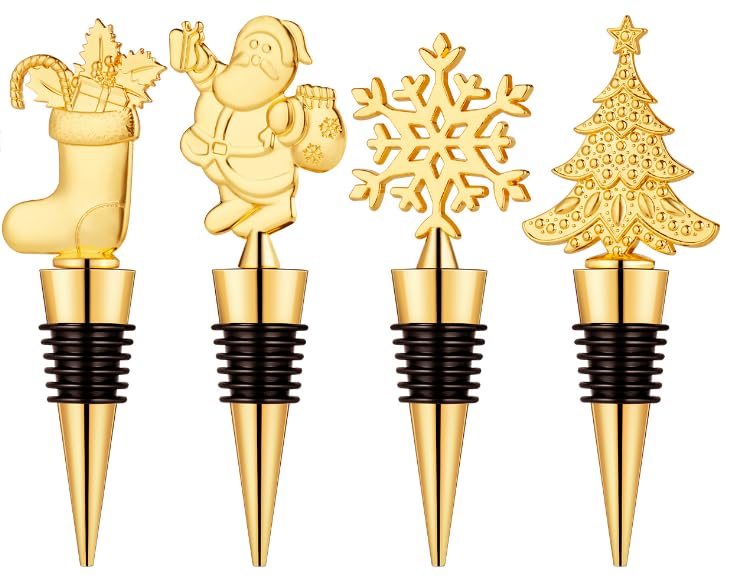Golden Christmas Wine Stoppers Set - 4 Pack Holiday Bottle Corkers for Keeping Wine Fresh