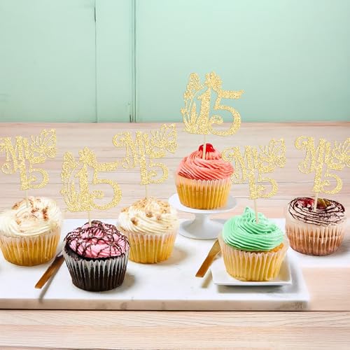 Ephlyn 24Pcs Glitter Cupcake Toppers for 15th Birthday Party