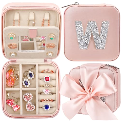CHMI Travel Jewelry Case Small Leather Organizer Box with Mirror for Women Pink Initial
