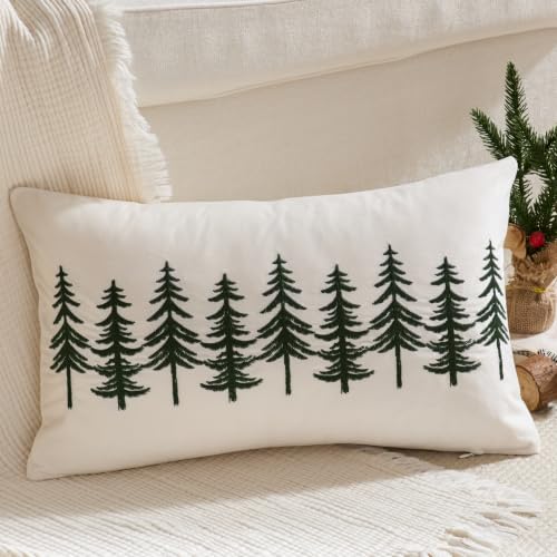 Christmas Tree Winter Pillow Cover 12x20 Inch Embroidered Lumbar Decor - Green