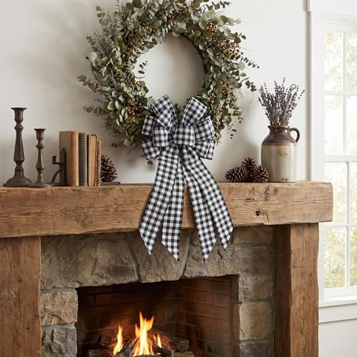 YKW Black White Buffalo Plaid Bow with Wired Edge - 11x20 Inch Farmhouse Wreath Decor