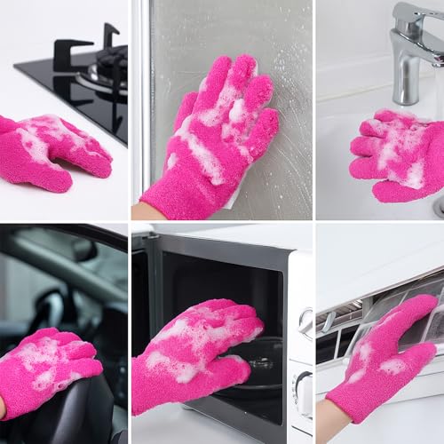 Reusable Microfiber Plant Cleaning Gloves - 4-Piece Set in Blue & Rose Red