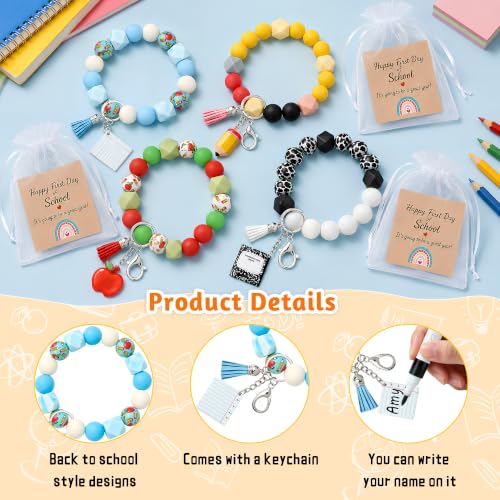 Back to School Bracelets with Keychains - 4 Pack Silicone Beaded Gift Set