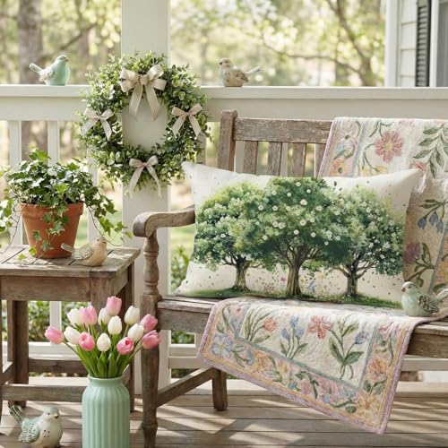 Spring Farmhouse Pillow Cover 12x20 Inch – Trees & Flowers Decor