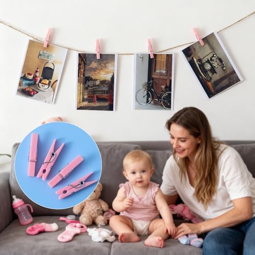 100 Pcs Pink Mini Clothespins with Jute Twine for Baby Shower