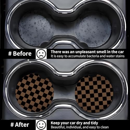 Khaki Checkered Ceramic Car Coasters - 2 Pack with Cork Base